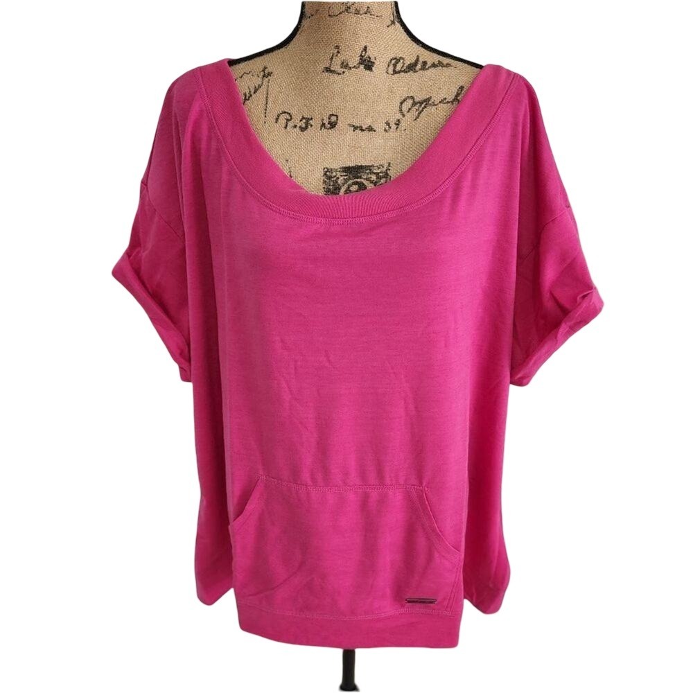 Nine West Active Pink Short Sleeve‎ Sweatshirt Wide Neck Kangaroo Pocket 3X NEW